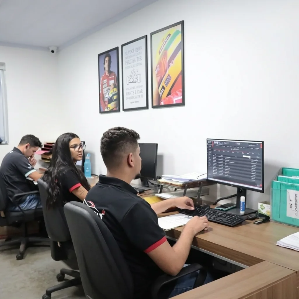 Três colaboradores trabalhando em computadores dentro de um escritório administrativo. Na parede ao fundo, há três quadros emoldurados com temática do piloto Ayrton Senna.