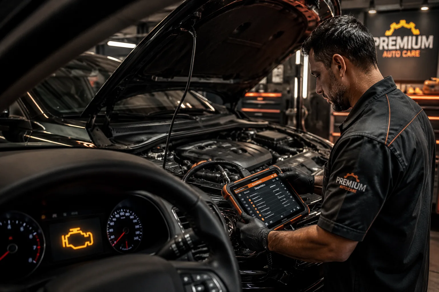 Mecânico realizando diagnóstico automotivo com scanner após luz da injeção acesa em oficina especializada em Brasília.